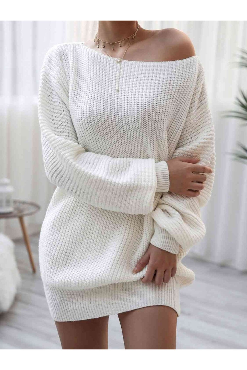 Rib-Knit Balloon Sleeve Boat Neck Sweater Dress - Sweater Dresses - FITGGINS