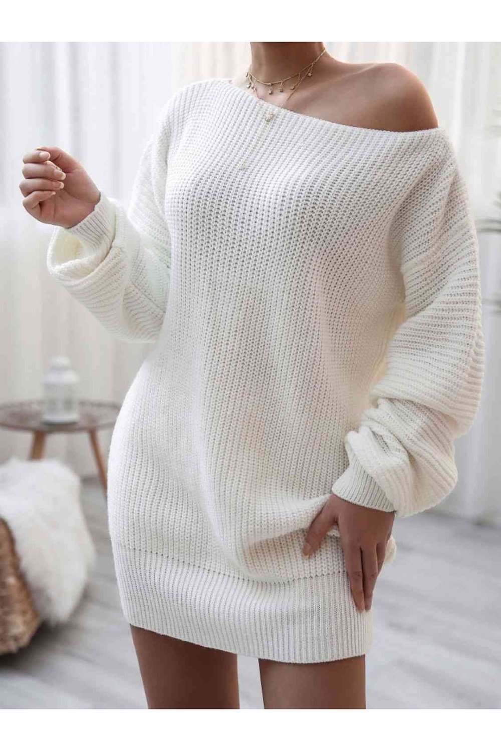Rib-Knit Balloon Sleeve Boat Neck Sweater Dress - Sweater Dresses - FITGGINS