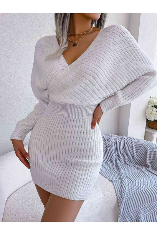 Rib-Knit Dolman Sleeve Sweater Dress - Sweater Dresses - FITGGINS