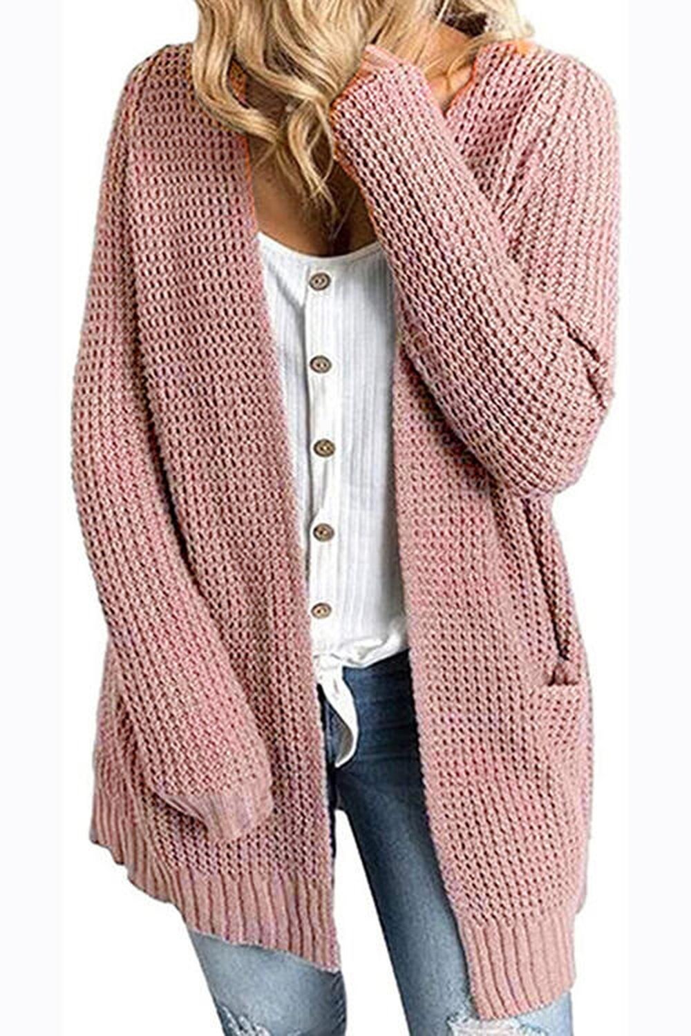 Rib-Knit Open Front Pocketed Cardigan - Cardigans - FITGGINS