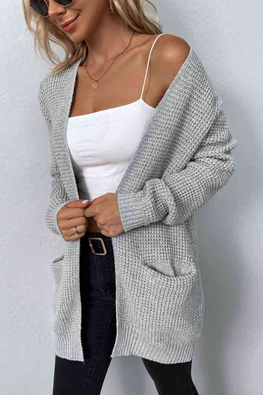 Rib-Knit Open Front Pocketed Cardigan - Cardigans - FITGGINS