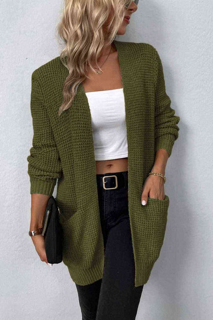 Rib-Knit Open Front Pocketed Cardigan - Cardigans - FITGGINS