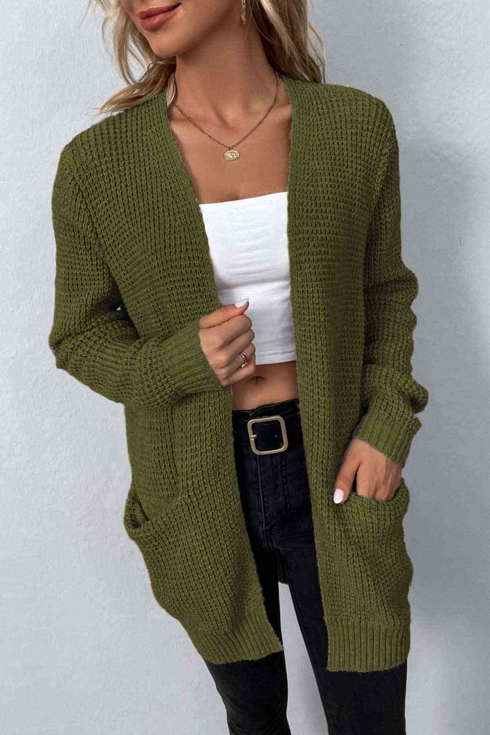 Rib-Knit Open Front Pocketed Cardigan - Cardigans - FITGGINS