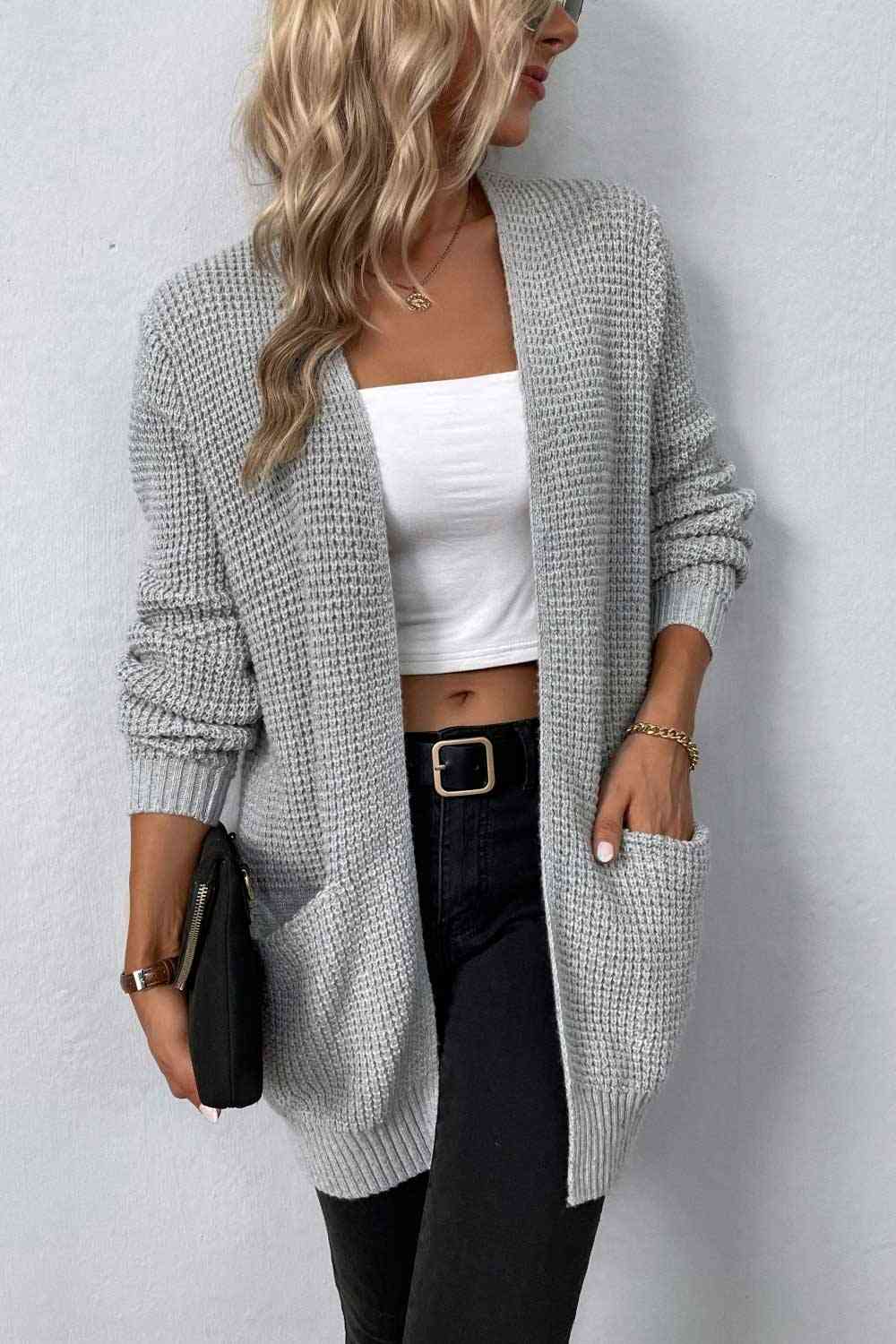 Rib-Knit Open Front Pocketed Cardigan - Cardigans - FITGGINS