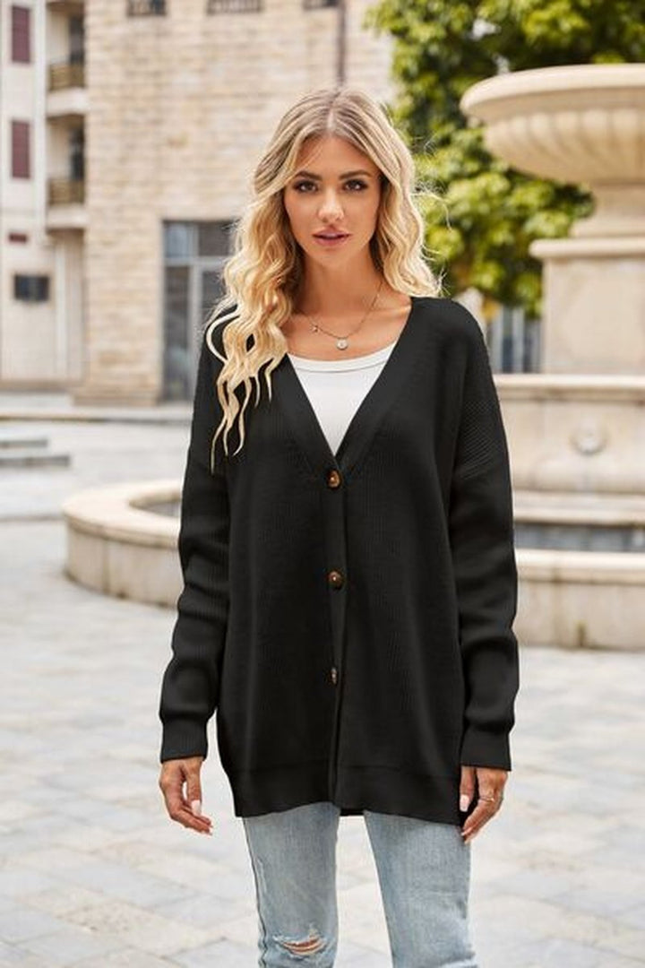 Ribbed Button Up Dropped Shoulder Cardigan - Cardigans - FITGGINS
