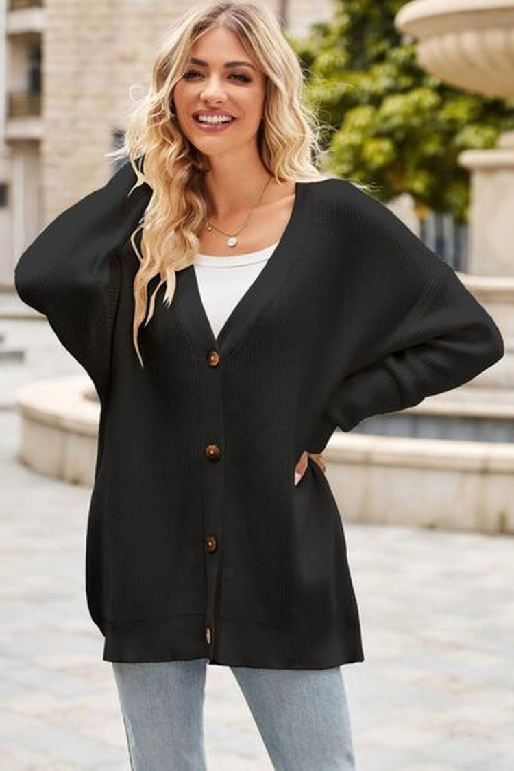 Ribbed Button Up Dropped Shoulder Cardigan - Cardigans - FITGGINS