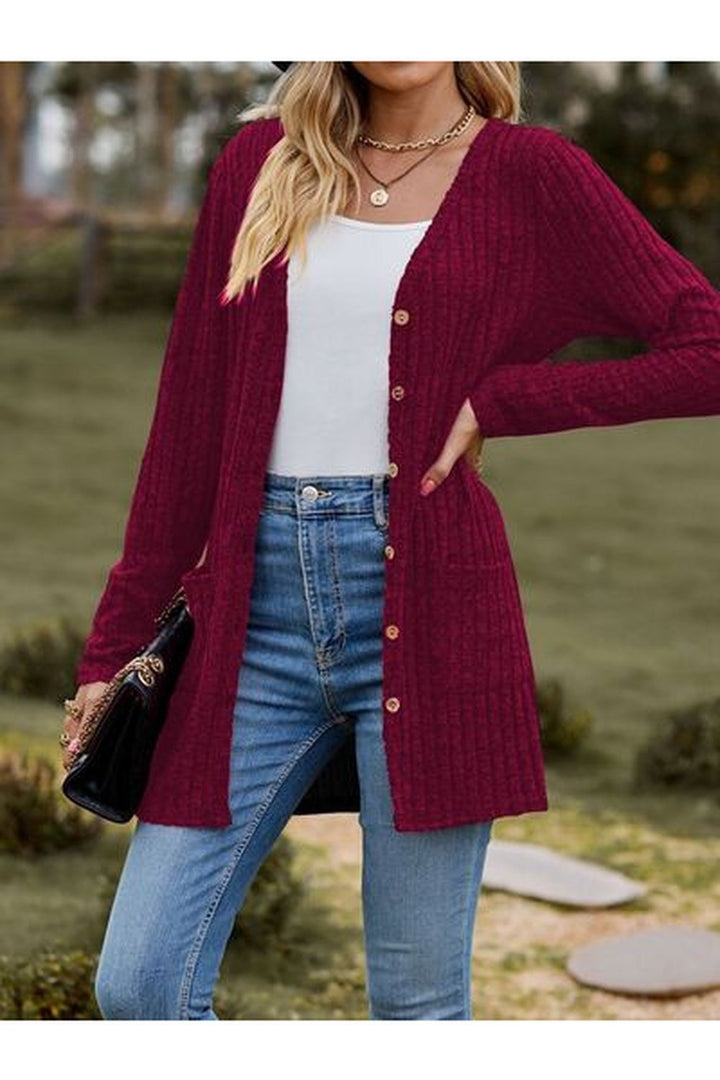 Ribbed Button Up Long Sleeve Cardigan - Cardigans - FITGGINS