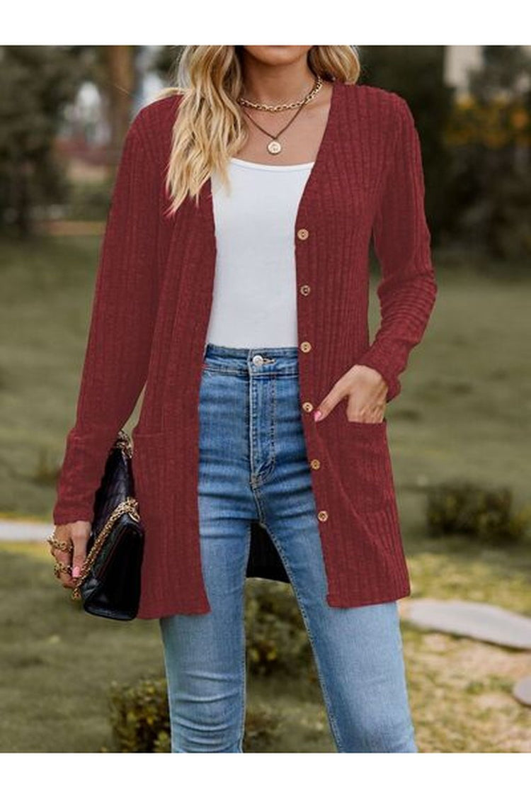 Ribbed Button Up Long Sleeve Cardigan - Cardigans - FITGGINS