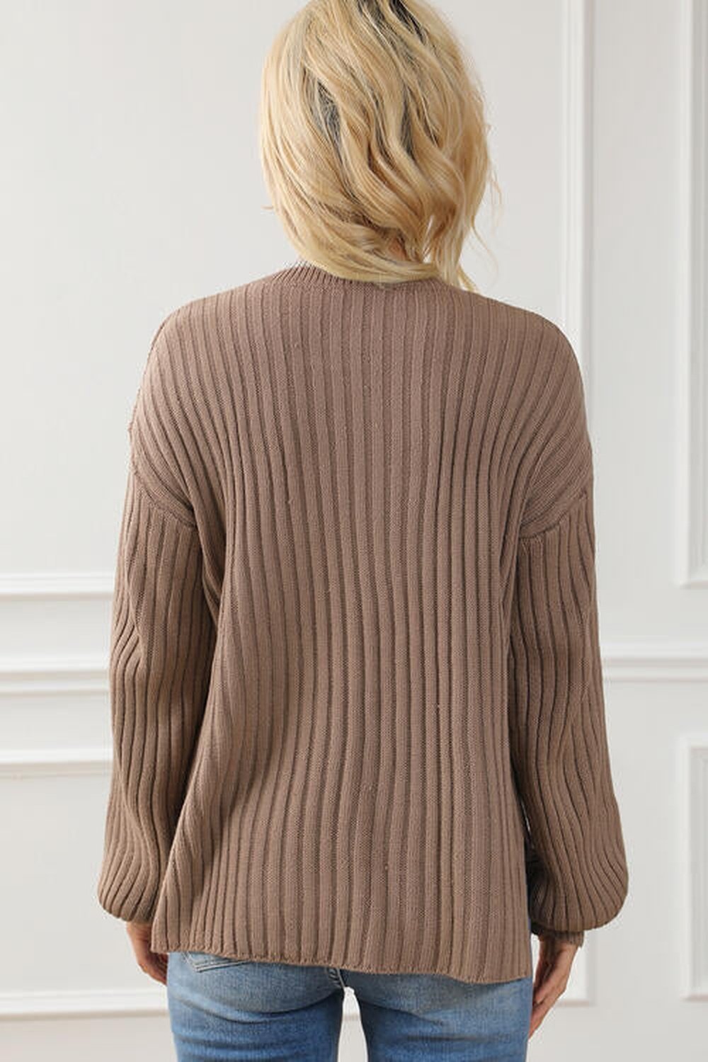 Ribbed Contrast Round Neck Slit Sweater - Pullover Sweaters - FITGGINS