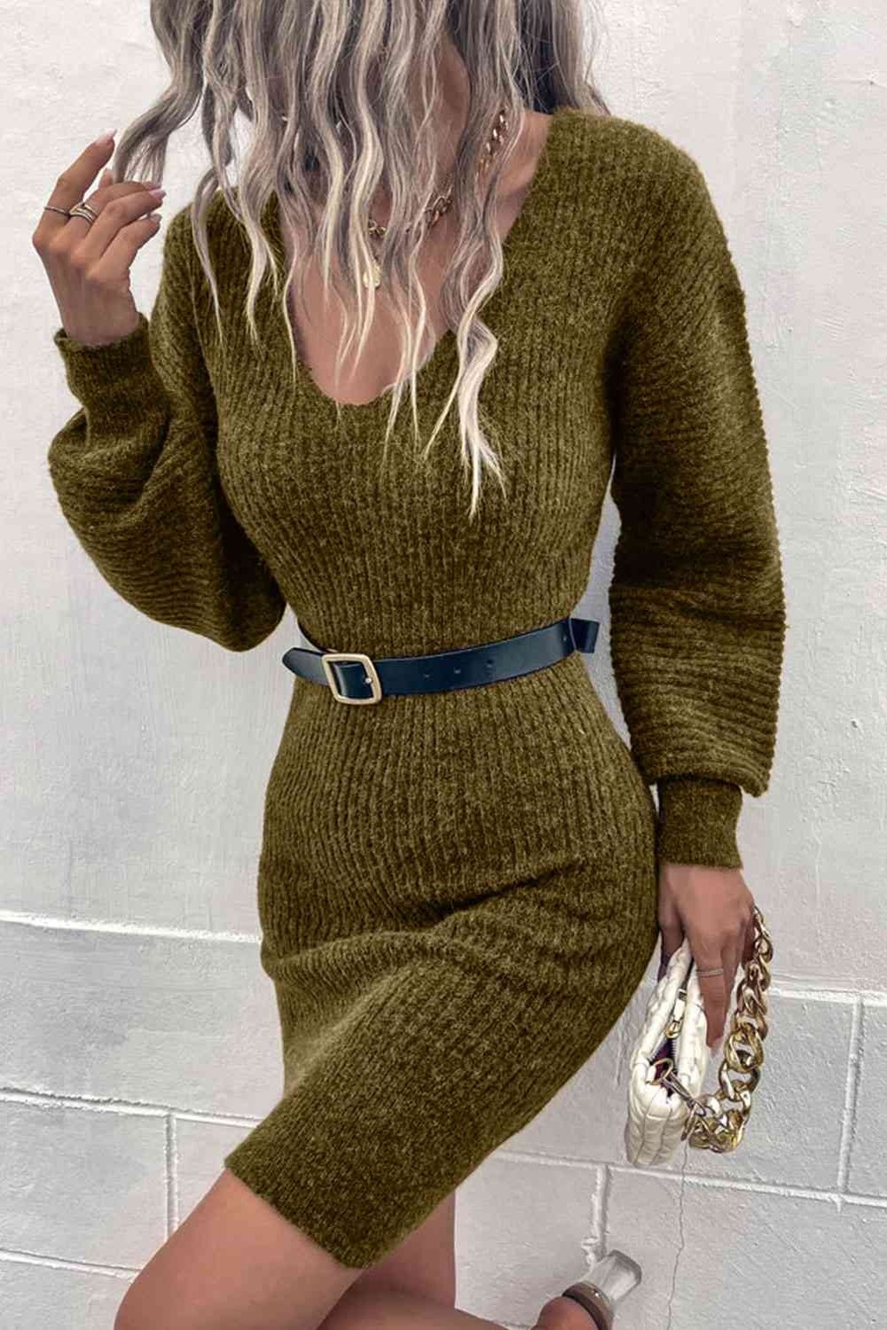 Ribbed Long Sleeve Sweater Dress - Sweater Dresses - FITGGINS