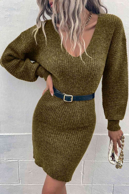 Ribbed Long Sleeve Sweater Dress - Sweater Dresses - FITGGINS