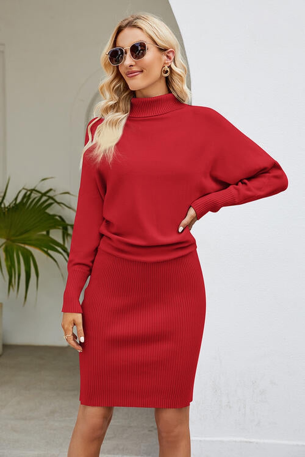 Ribbed Mock Neck Long Sleeve Dress - Sweater Dresses - FITGGINS
