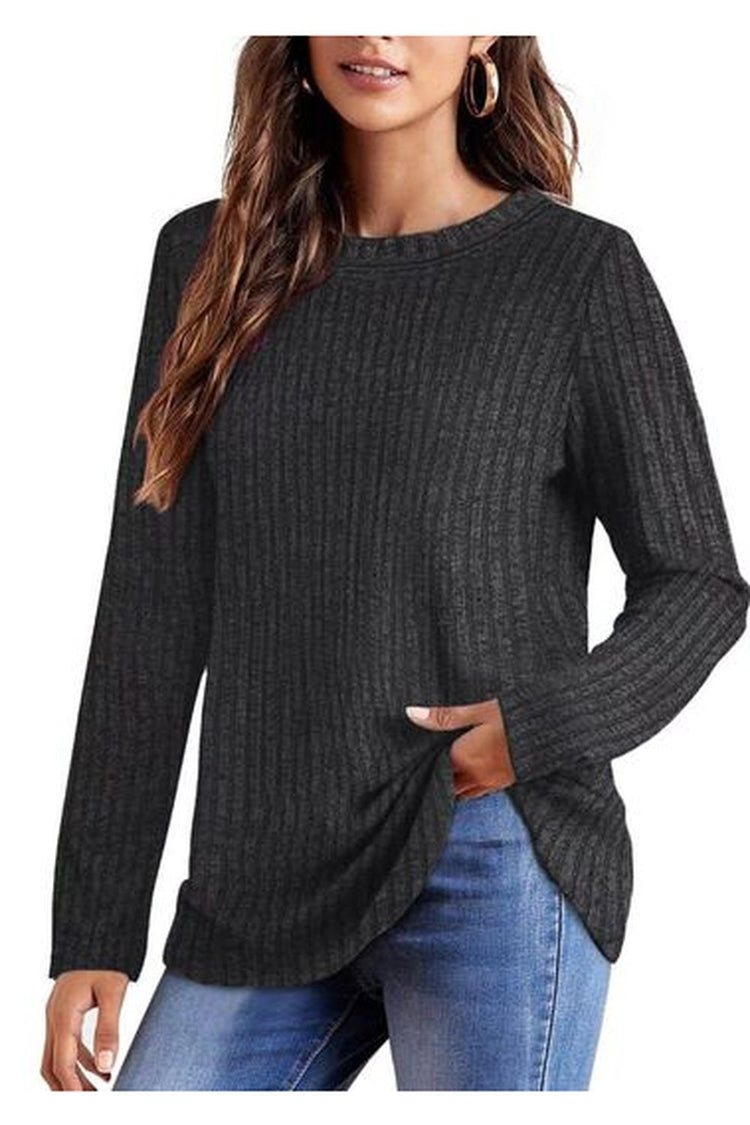 Ribbed Round Neck Long Sleeve Blouse - Blouses - FITGGINS