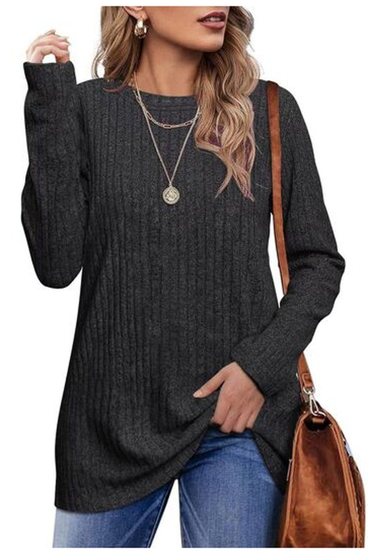 Ribbed Round Neck Long Sleeve Blouse - Blouses - FITGGINS