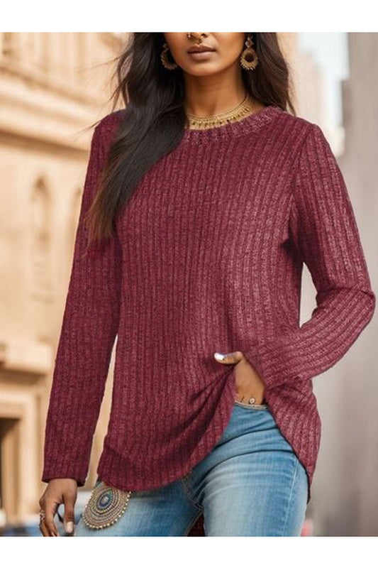 Ribbed Round Neck Long Sleeve Blouse - Blouses - FITGGINS