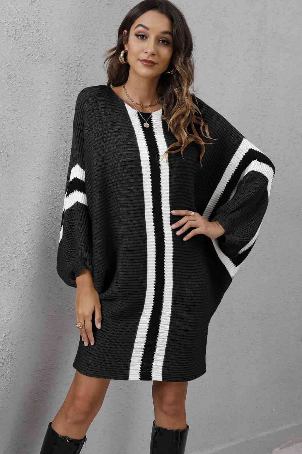 Ribbed Round Neck Long Sleeve Sweater Dress - Sweater Dresses - FITGGINS