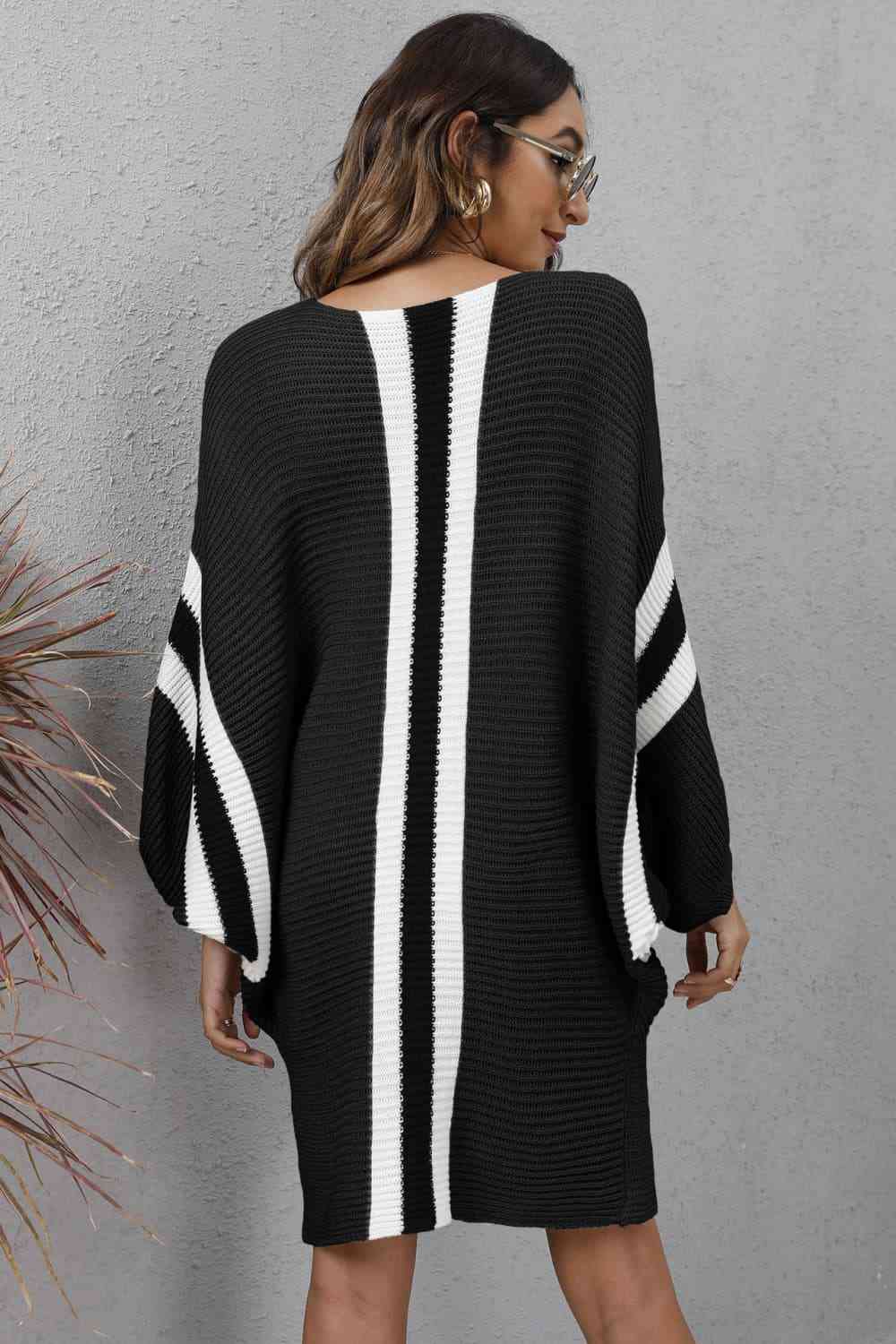 Ribbed Round Neck Long Sleeve Sweater Dress - Sweater Dresses - FITGGINS