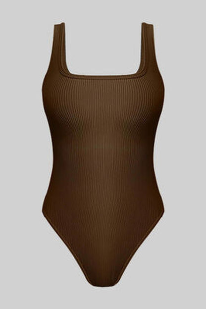 Ribbed Square Neck Sleeveless Active Bodysuit - Bodysuit - FITGGINS
