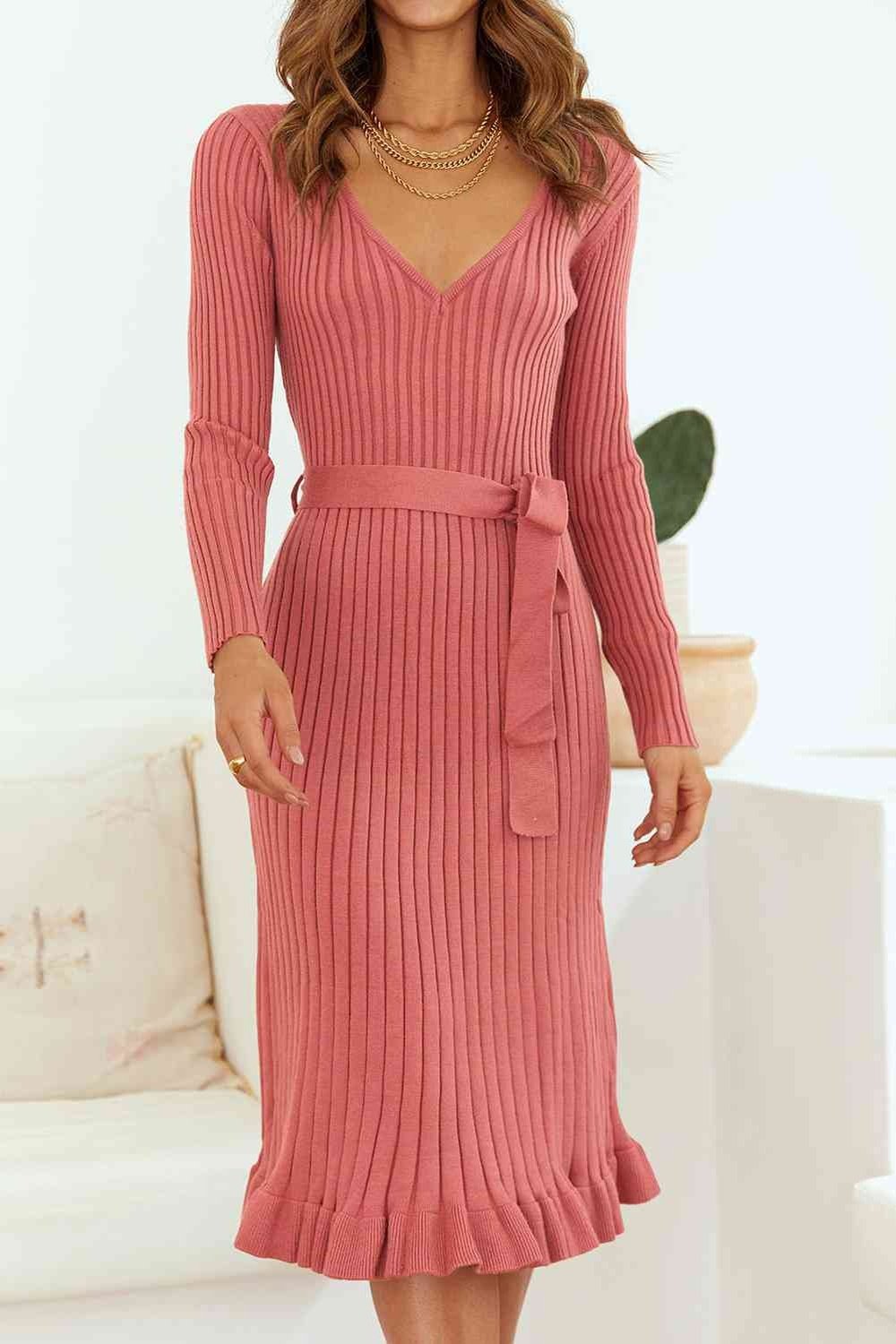Ribbed V-Neck Tie Waist Pencil Dress - Sweater Dresses - FITGGINS