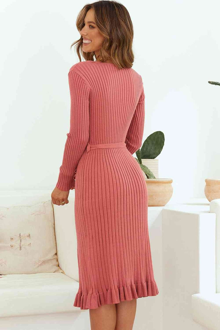 Ribbed V-Neck Tie Waist Pencil Dress - Sweater Dresses - FITGGINS