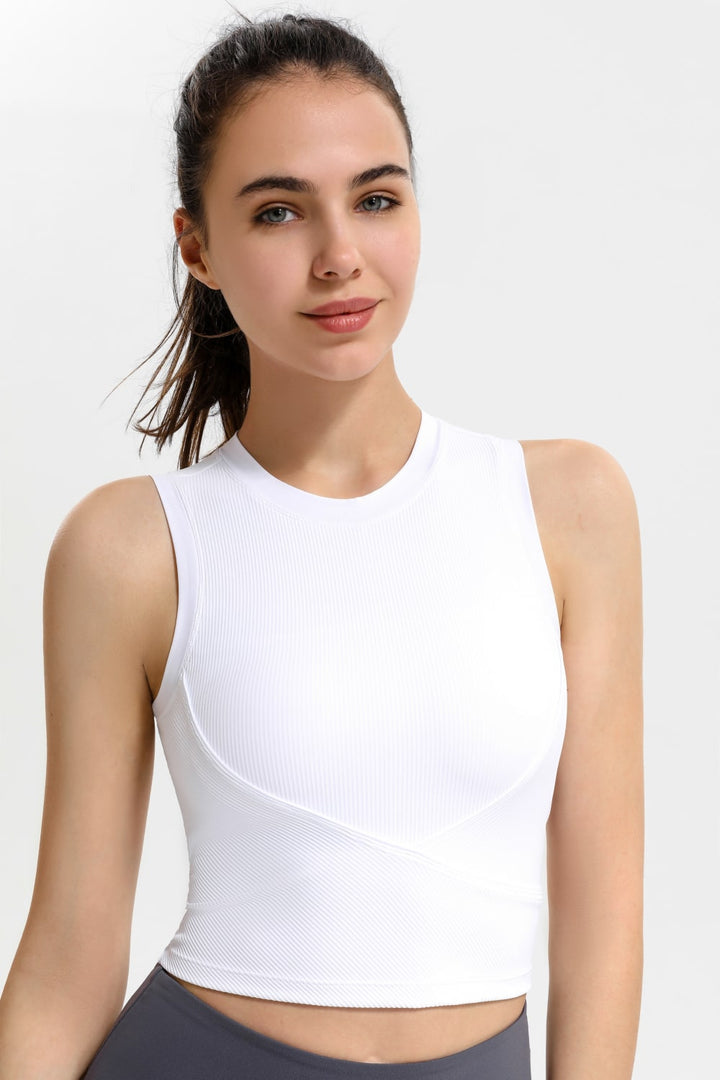 Ribbed Crisscross Round Neck Cropped Sports Tank - Crop Tops & Tank Tops - FITGGINS
