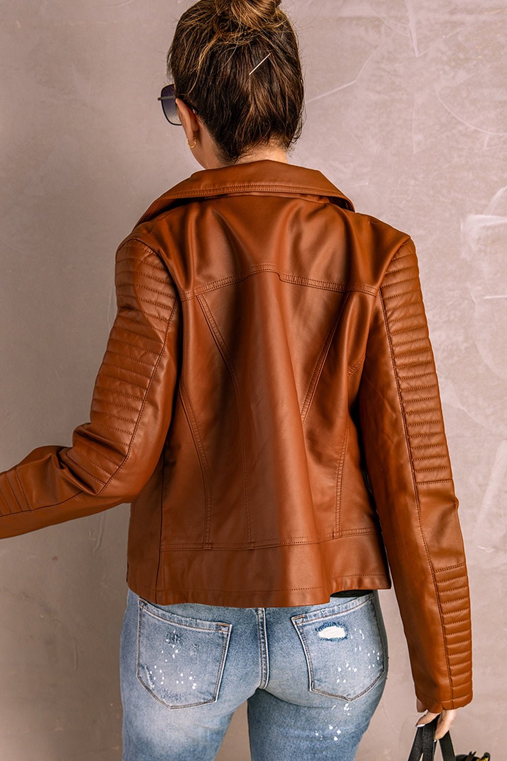 Ribbed Faux Leather Jacket - Jackets - FITGGINS