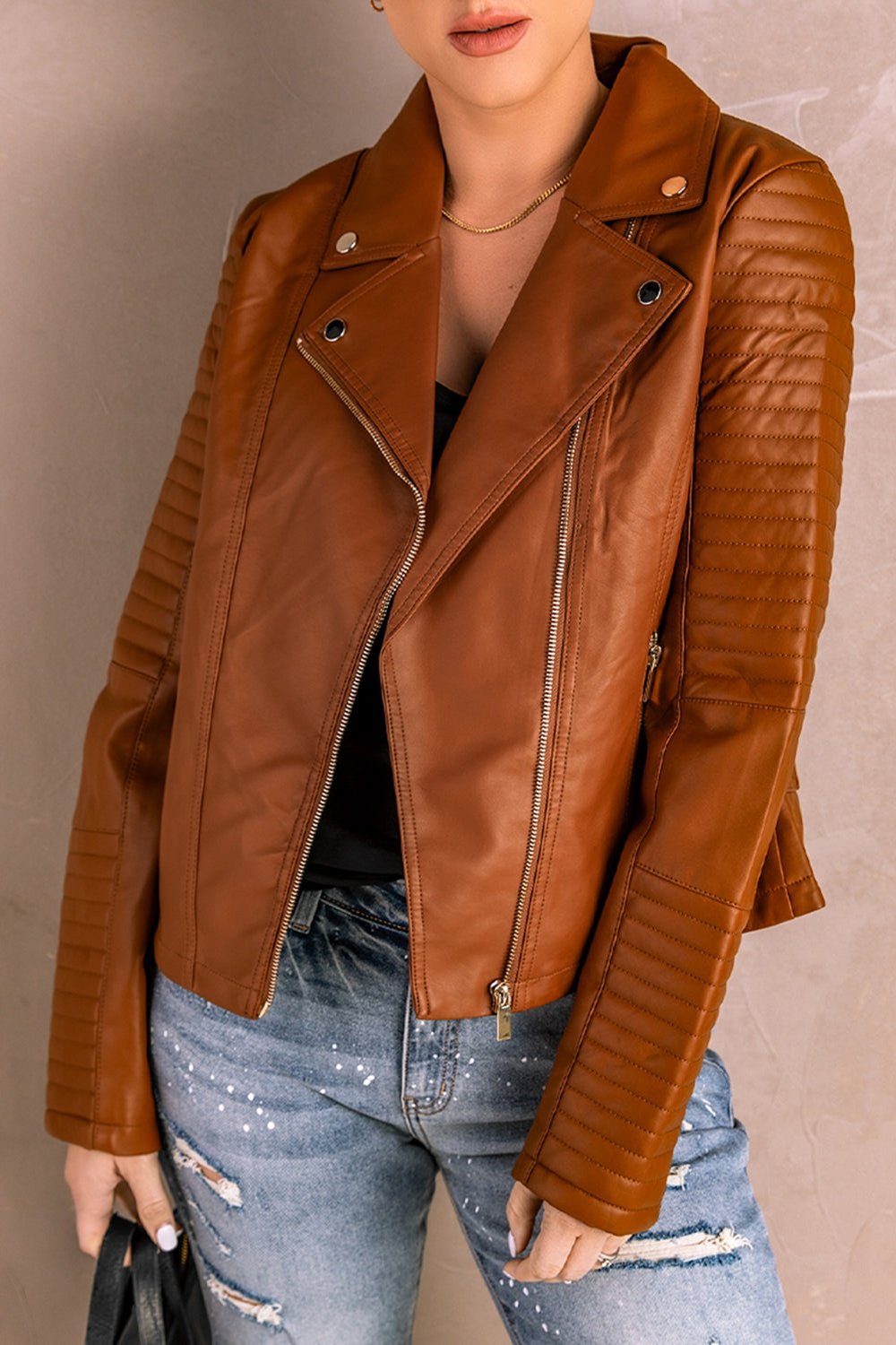 Ribbed Faux Leather Jacket - Jackets - FITGGINS