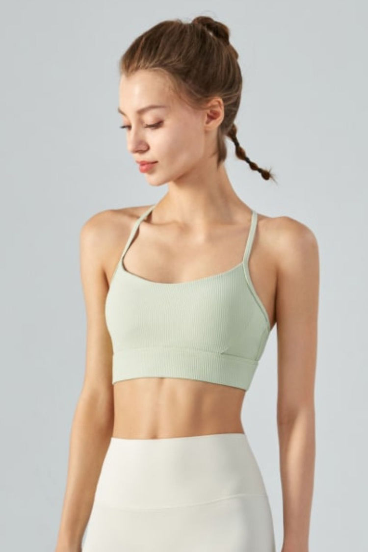 Ribbed Halter Neck Open Back Cropped Sports Cami - Sports Bras - FITGGINS