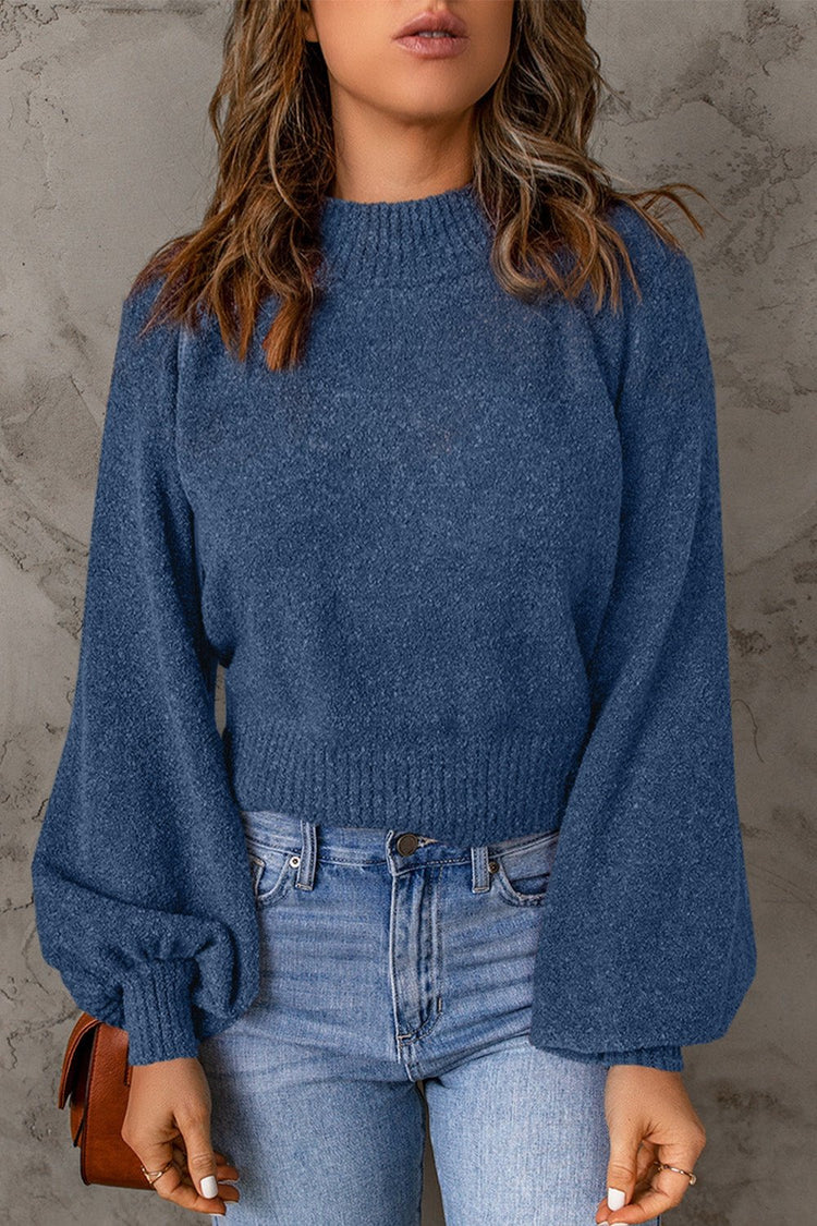 Ribbed Trim Balloon Sleeve Sweater - Pullover Sweaters - FITGGINS
