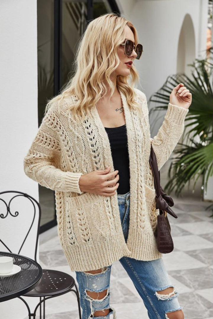 Ribbed Trim Openwork Open Front Cardigan - Cardigans - FITGGINS
