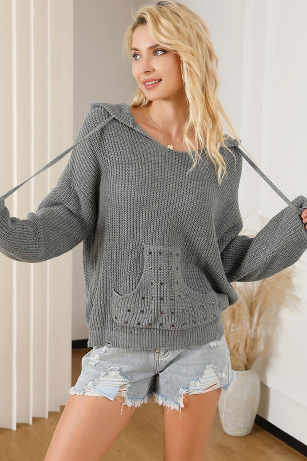 Rivet Drawstring Hooded Long Sleeve Sweater - Pullover Sweaters - FITGGINS