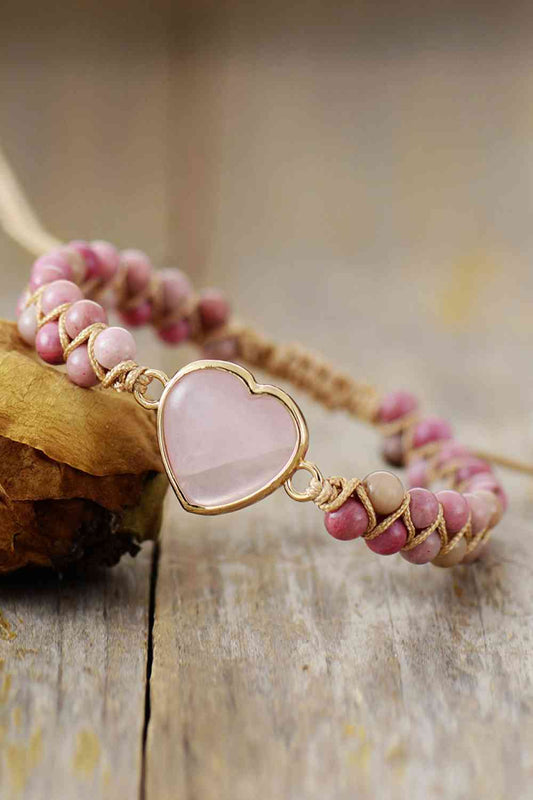 Rose Quartz Heart Beaded Bracelet - Bracelets - FITGGINS