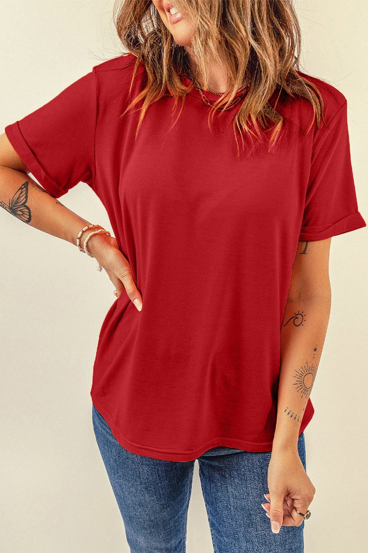 Round Neck Cuffed Short Sleeve Tee - T-Shirts - FITGGINS