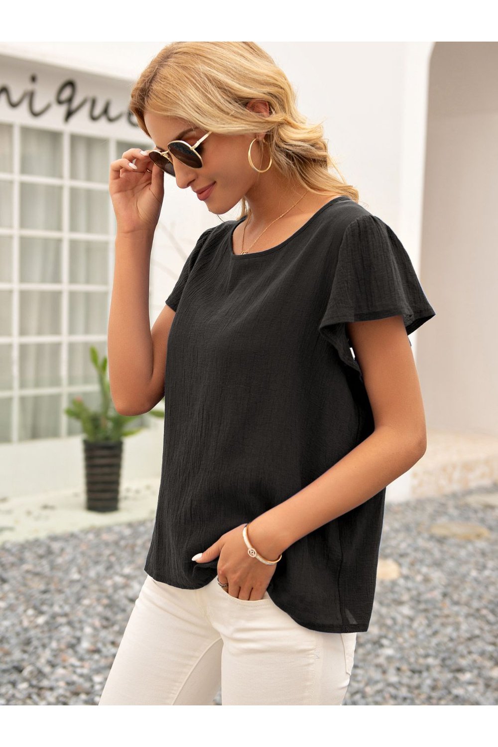 Round Neck Cutout Tie Back Top - Blouses - FITGGINS