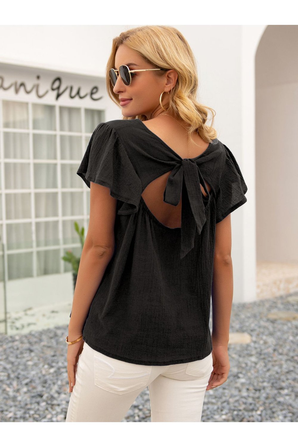 Round Neck Cutout Tie Back Top - Blouses - FITGGINS