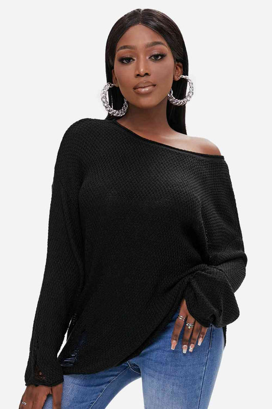 Round Neck Distressed Drop Shoulder Sweater - Pullover Sweaters - FITGGINS