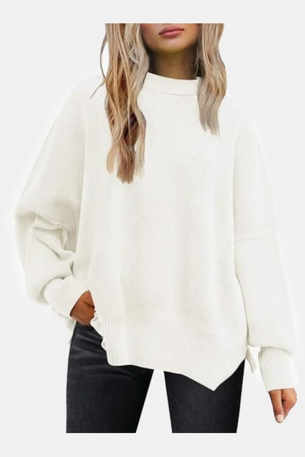 Round Neck Drop Shoulder Slit Sweater - Pullover Sweaters - FITGGINS