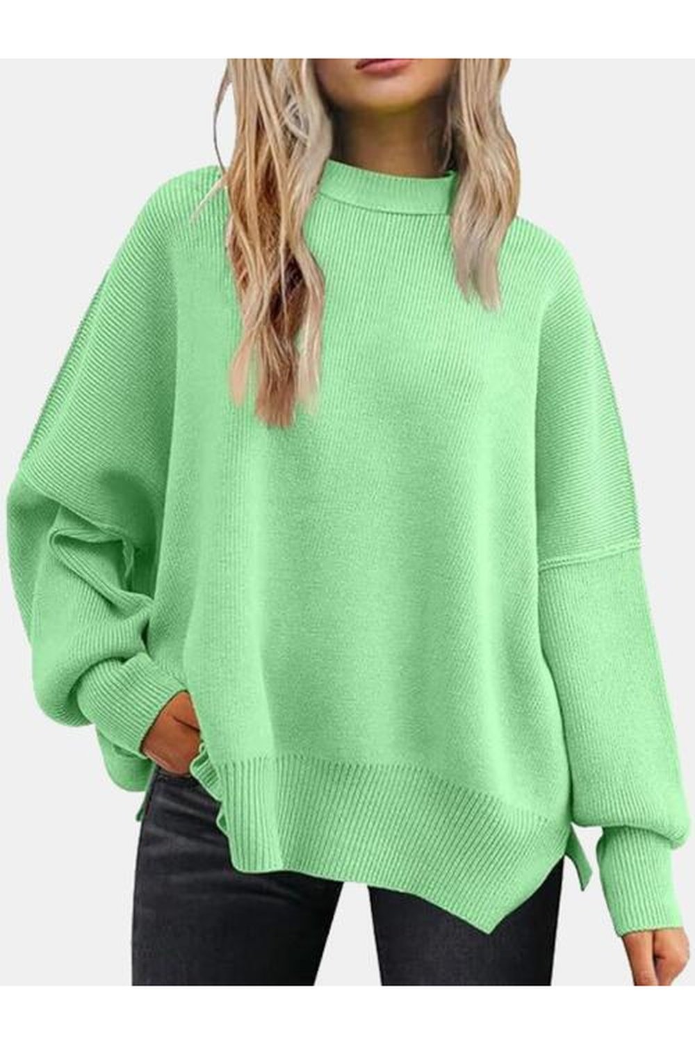 Round Neck Drop Shoulder Slit Sweater - Pullover Sweaters - FITGGINS