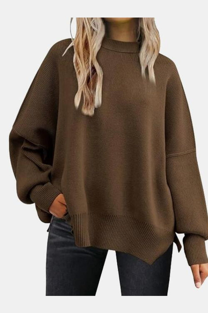 Round Neck Drop Shoulder Slit Sweater - Pullover Sweaters - FITGGINS