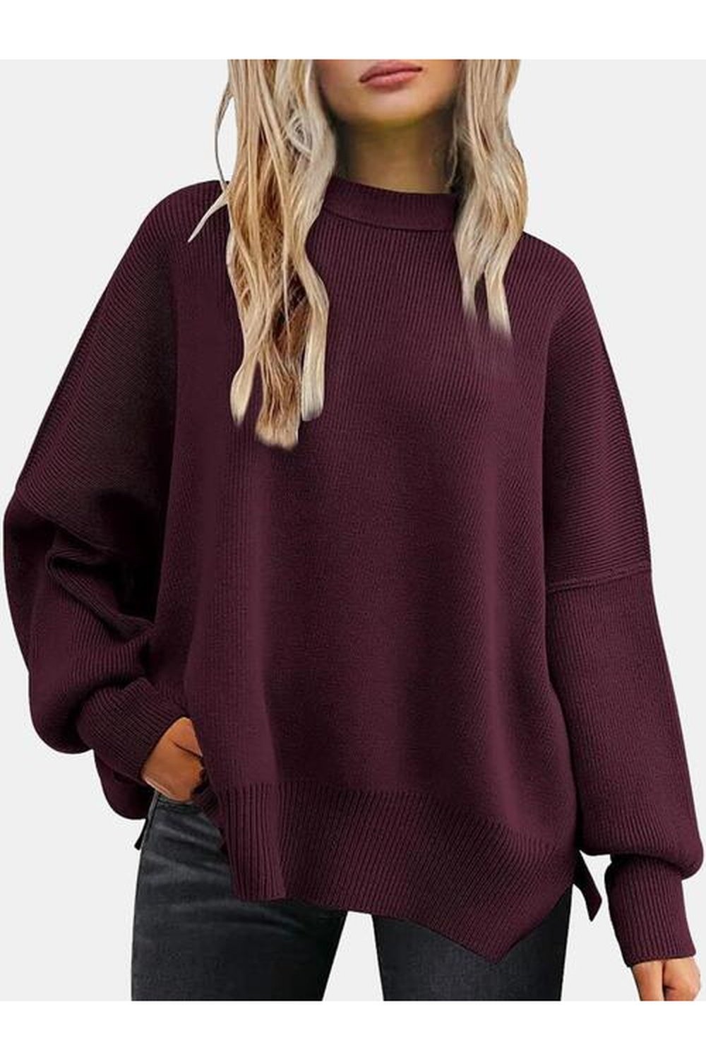 Round Neck Drop Shoulder Slit Sweater - Pullover Sweaters - FITGGINS