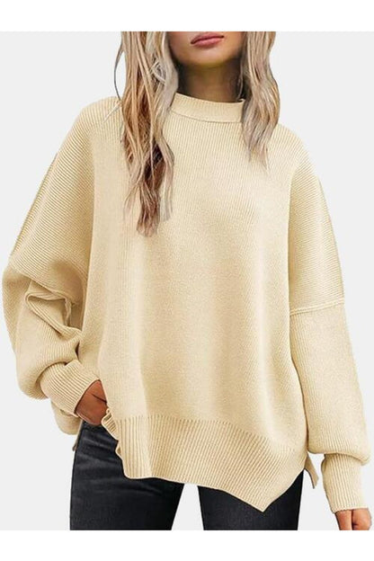 Round Neck Drop Shoulder Slit Sweater - Pullover Sweaters - FITGGINS