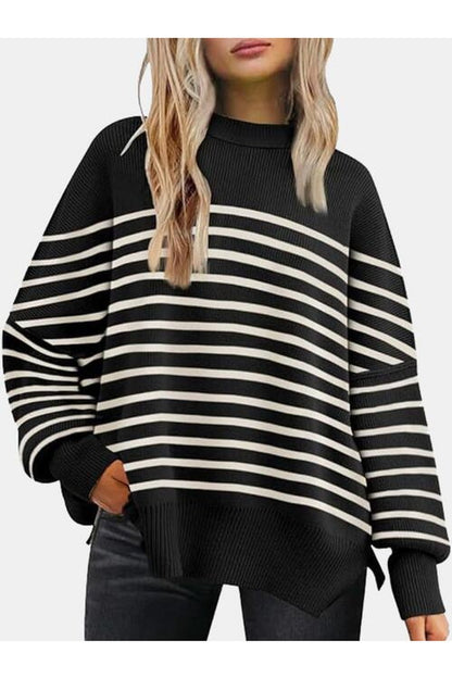 Round Neck Drop Shoulder Slit Sweater - Pullover Sweaters - FITGGINS