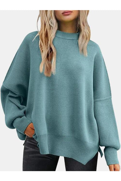 Round Neck Drop Shoulder Slit Sweater - Pullover Sweaters - FITGGINS