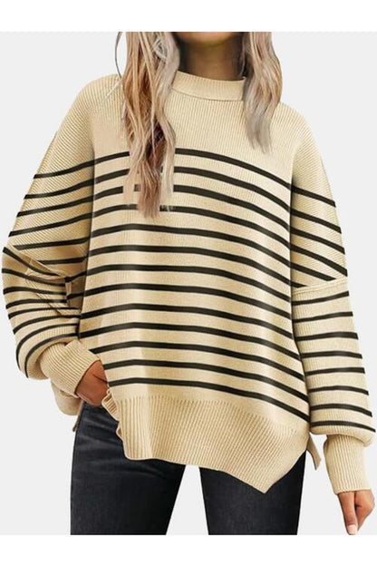 Round Neck Drop Shoulder Slit Sweater - Pullover Sweaters - FITGGINS