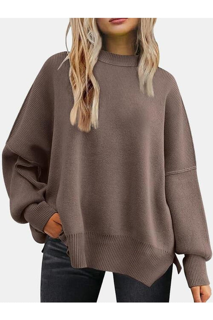 Round Neck Drop Shoulder Slit Sweater - Pullover Sweaters - FITGGINS