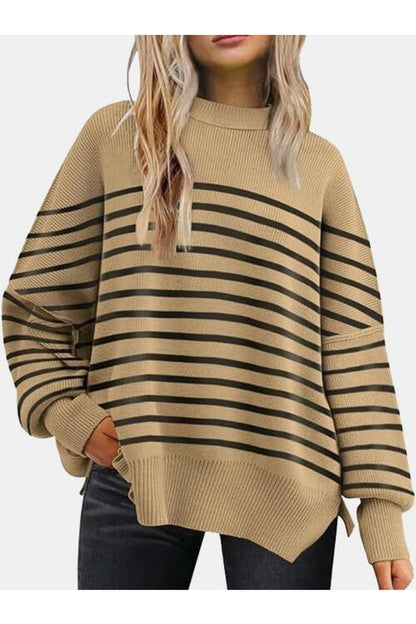 Round Neck Drop Shoulder Slit Sweater - Pullover Sweaters - FITGGINS