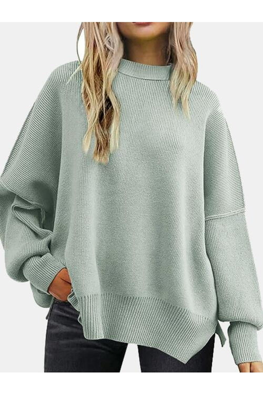 Round Neck Drop Shoulder Slit Sweater - Pullover Sweaters - FITGGINS