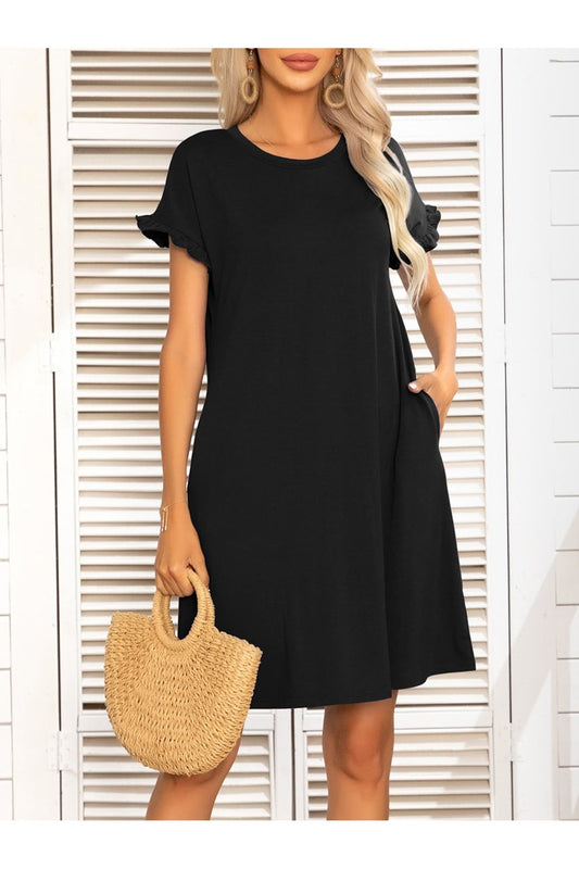 Round Neck Flounce Sleeve Dress with Pockets - Casual & Maxi Dresses - FITGGINS