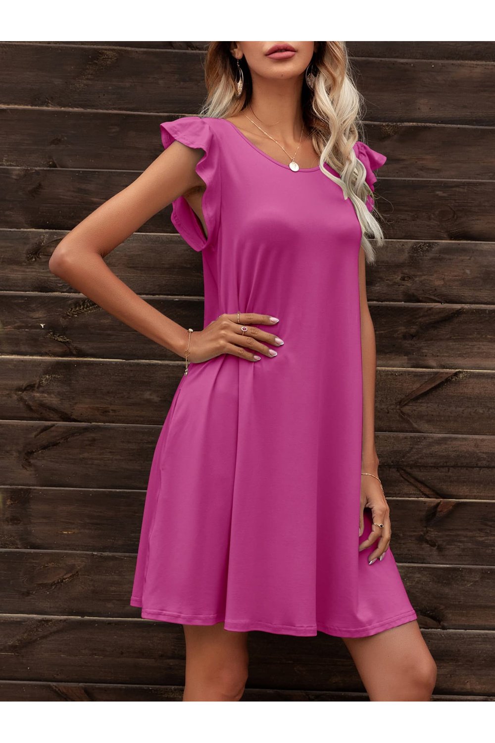 Round Neck Flutter Sleeve Dress with Pockets - Casual & Maxi Dresses - FITGGINS