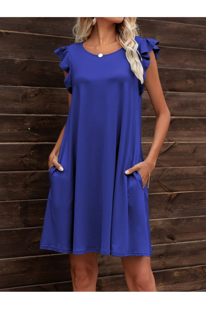 Round Neck Flutter Sleeve Dress with Pockets - Casual & Maxi Dresses - FITGGINS